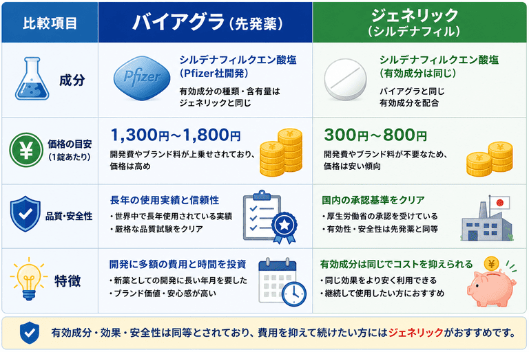 バイアグラとジェネリック(シルデナフィル)の成分・価格・品質の差